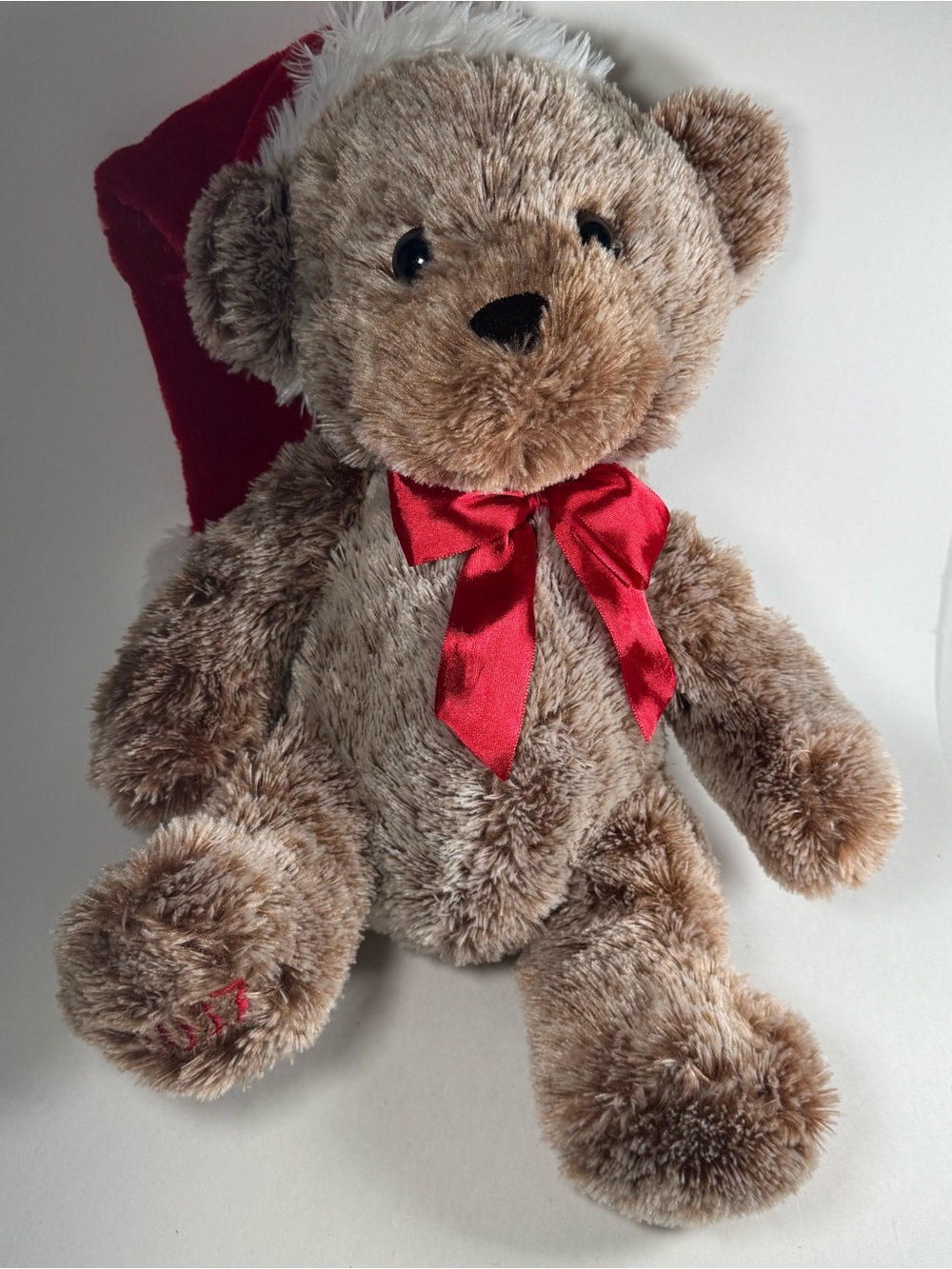 Dan Dee Plush Teddy Bear Christmas 2017 Brown Santa Hat Bow Sitting 15" Stuffed